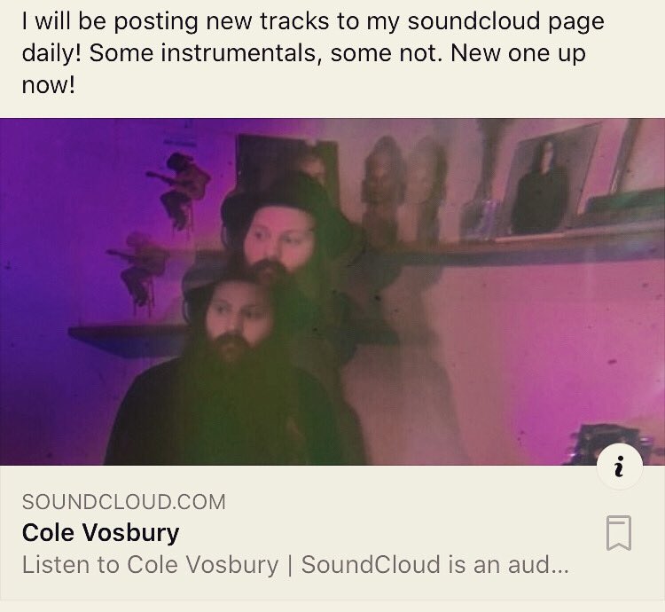 Cole Vosbury (@colevosbury) on Twitter photo Please feel free to check out some of my new tracks on <a href="/SoundCloud/">SoundCloud</a> . As it says in the screenshot I will be posting new tracks daily.
m.soundcloud.com/cole-vosbury Please feel free to check out some of my new tracks on <a href="/SoundCloud/">SoundCloud</a> . As it says in the screenshot I will be posting new tracks daily.
m.soundcloud.com/cole-vosbury