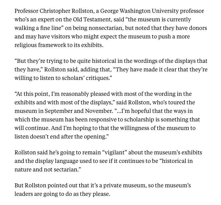 But returning to these excerpts of interviews with Rollston, we note something else:The idea that the museum has responded to scholarly criticism & has made it clear that they're changing has been there since November 2017 when the museum first opened!