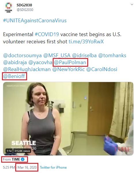 Mar 16 2020. The UN SDG account announces vaccine trials. It tags - not scientists - but instead Benioff, Paul Polman (former Unilever CEO & high-level UN affiliate, influencers, a Gates "Goalkeeper", social media specialist, etc.  #TIME Recall that WEF is at helm of UN SDGs.