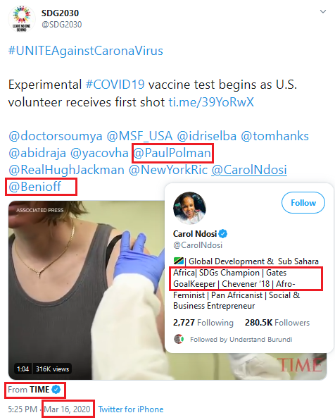 Mar 16 2020. The UN SDG account announces vaccine trials. It tags - not scientists - but instead Benioff, Paul Polman (former Unilever CEO & high-level UN affiliate, influencers, a Gates "Goalkeeper", social media specialist, etc.  #TIME Recall that WEF is at helm of UN SDGs.