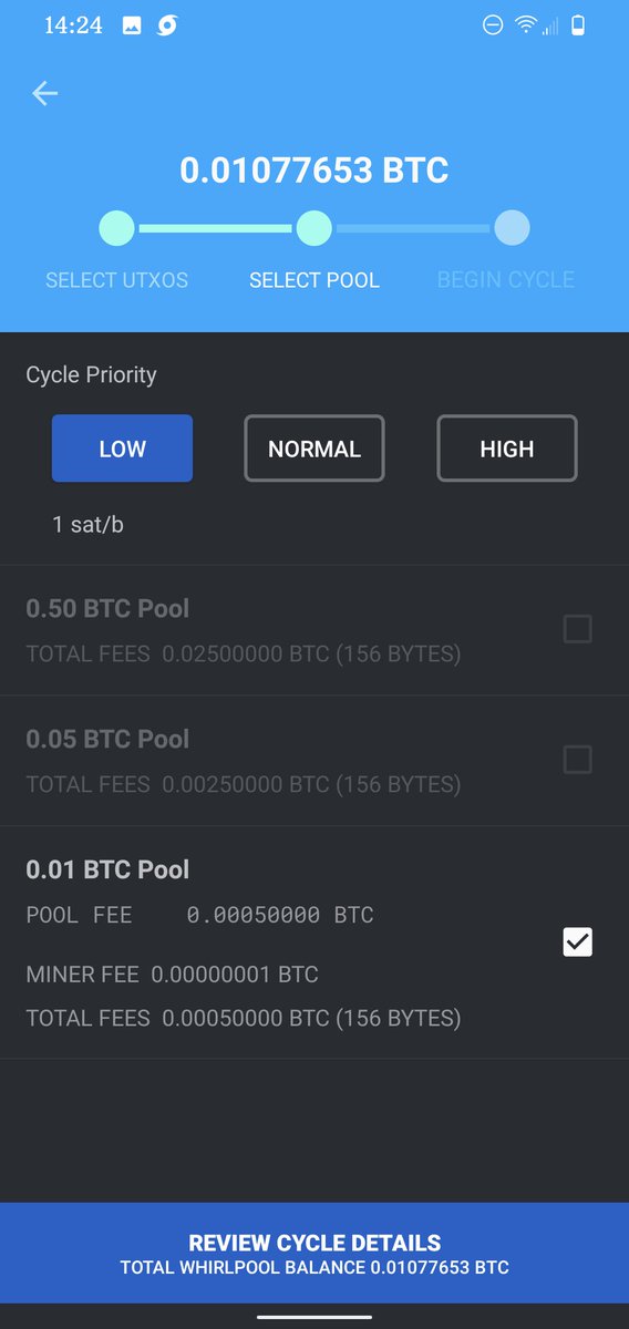 4/11 Then you can select the fee rate & liquidity pool. The liquidity pool size is what determines the amount in the UTXOs you'll be getting back. i.e, 0.01 pool give you UTXOs with 0.01 BTC available each.