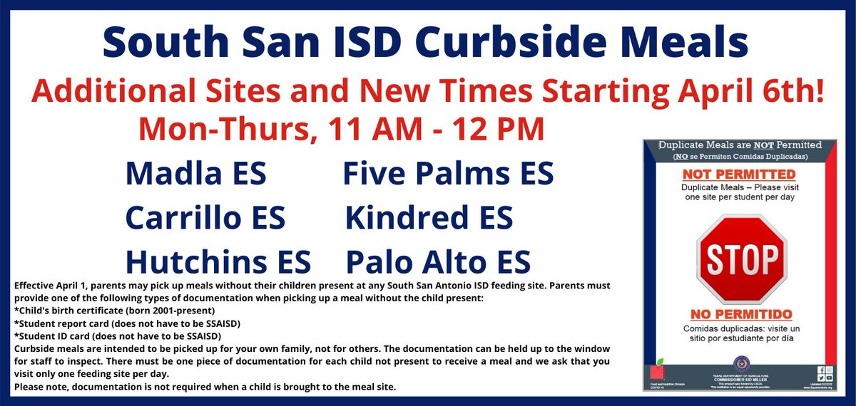 ssaisd's tweet photo. Reminder: We've added two more locations for our curbside meals! Please retweet! https://t.co/EMnvSs2i84