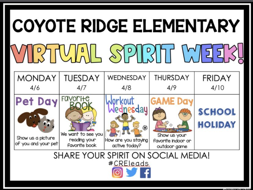 MsCliffordHES's tweet photo. Join us this week for @CoyoteRidgeES Virtual Spirit Week!💙🐾 #CREleads https://t.co/O797yFa7tH