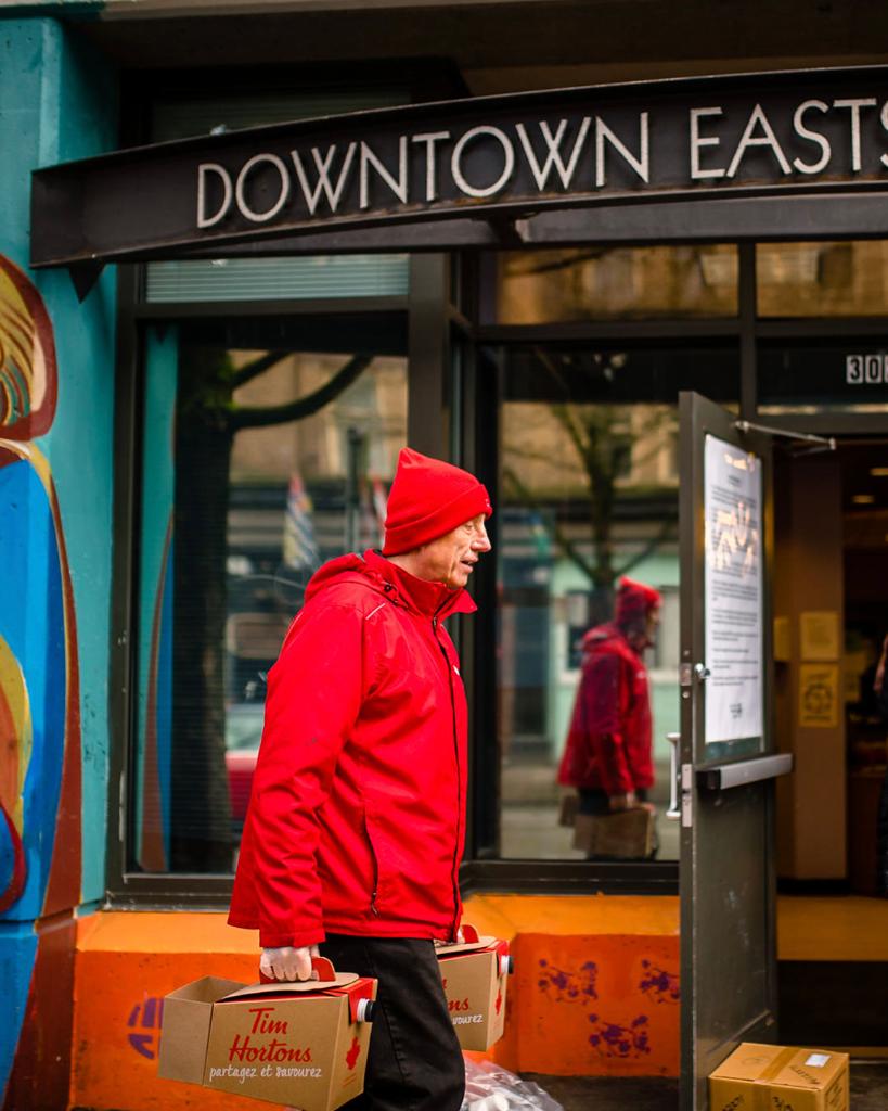 TimHortons's tweet photo. Our coffee truck brought free coffee and donuts to some of Vancouver’s essential services including Downtown Eastside Women’s Centre, fire halls and The Beacon emergency shelter, all of which are working tirelessly to support the city. https://t.co/YaoCUfx3fs