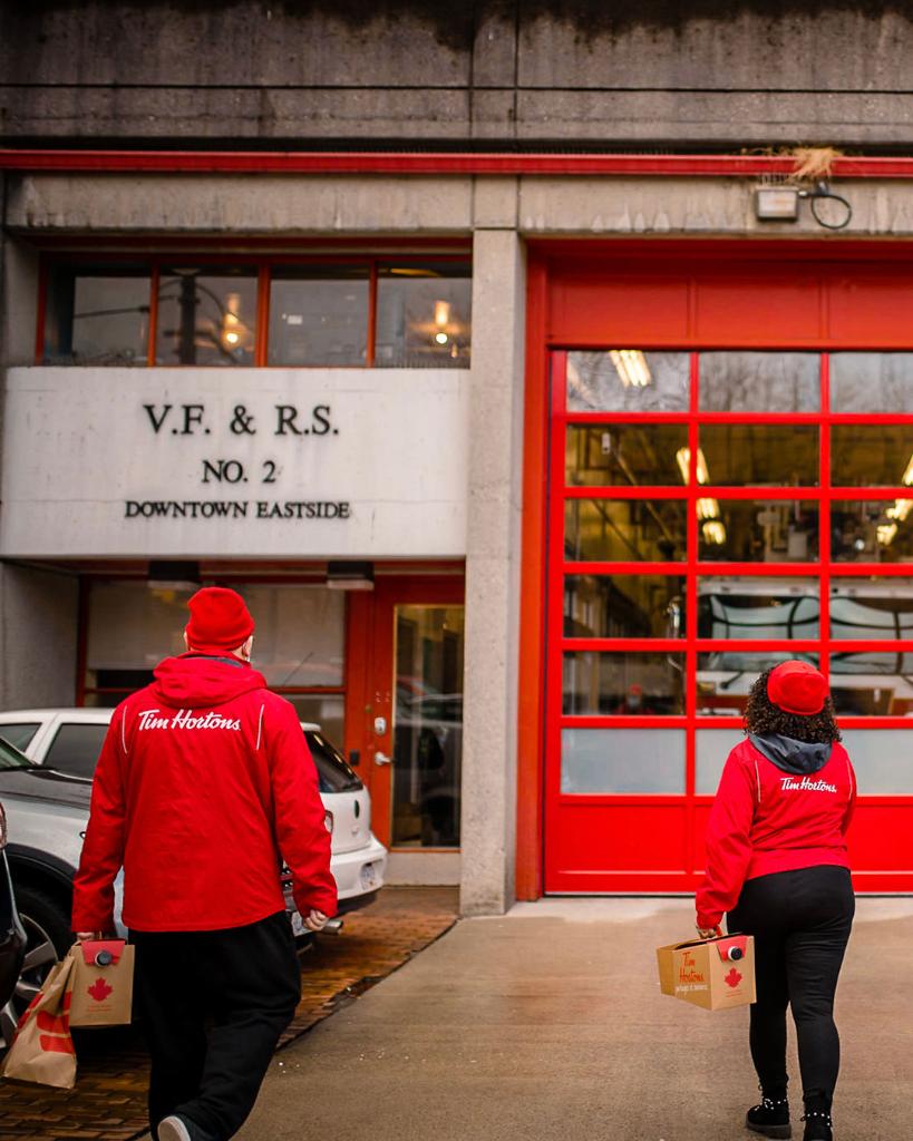 TimHortons's tweet photo. Our coffee truck brought free coffee and donuts to some of Vancouver’s essential services including Downtown Eastside Women’s Centre, fire halls and The Beacon emergency shelter, all of which are working tirelessly to support the city. https://t.co/YaoCUfx3fs