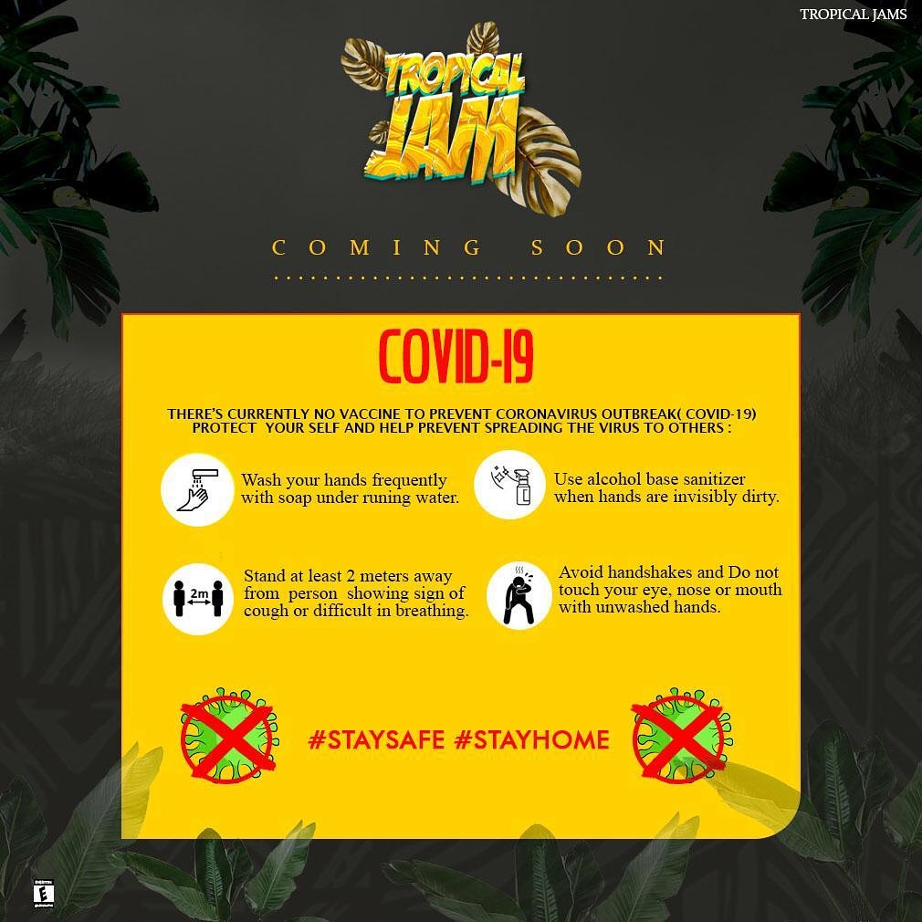 BryneClinton's tweet photo. Let's fight Covid-19 together
#stayhomestaysafe
#letsfightCovid19together #StaySafeForTropicalJam #stayHomeForGhana 
#TJ2020 #TheGreenPublicJam https://t.co/bRukzD1I2m