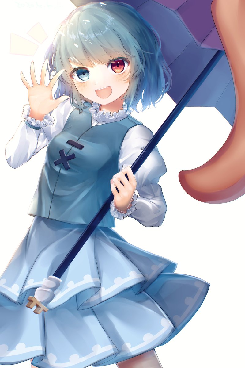 tatara kogasa 1girl solo umbrella heterochromia skirt blue eyes long sleeves  illustration images