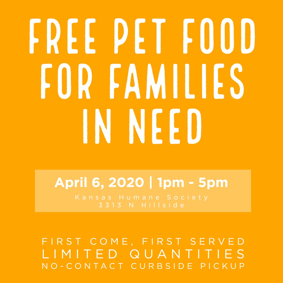 kshumanesociety's tweet image. If you are currently unable to afford dog or cat food, KHS will have FREE pet care packages available for no-contact curbside pickup on April 6 from 1 pm - 5 pm (or while supplies last). Pickup at KHS at the door on the front of the building near the fenced concrete play yards.