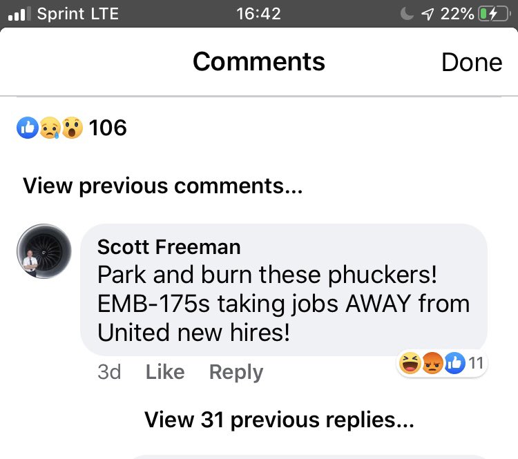 JCALearning's tweet photo. @united Just thought I’d bring this to your attention. One of your mainline captains using concerning language.  Via Facebook. https://t.co/1wNsNM3XKY
