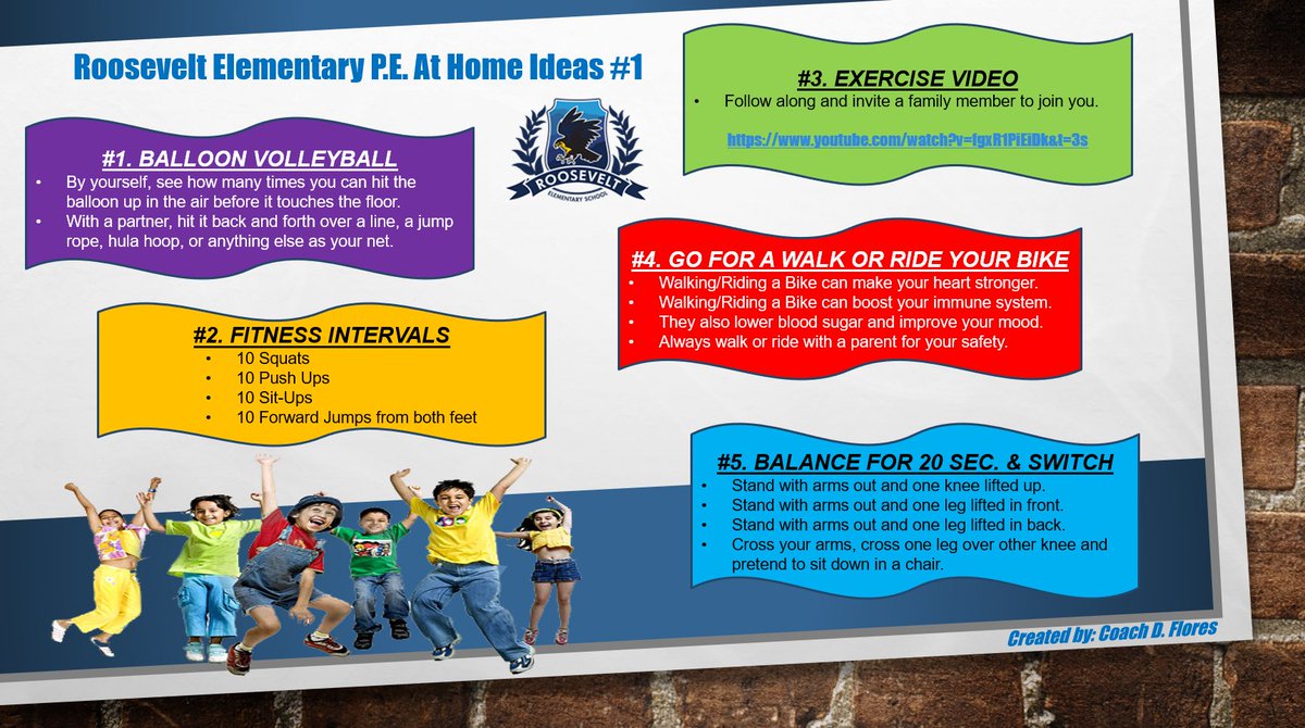 davidrflores's tweet photo. This week's PE at Home Ideas for the parents and students of Roosevelt. Remember to try and exercise at least 3 times a week. Stay safe👌, stay healthy💪, and stay smart👍! https://t.co/mm8mqFiswU