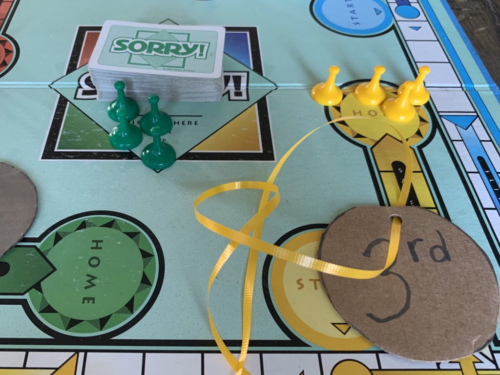 BScottChipman's tweet photo. Maybe greatest finish in history of Sorry to wrap up Chipman Board Game Olympics. With 3 stuck in home, I rallied with a few 2’s to get out, then backwards 4, then straight into HOME, to edge my 7-year-old daughter for bronze. 13-year-old daughter claimed 2nd straight gold. https://t.co/lVaShgwmDO