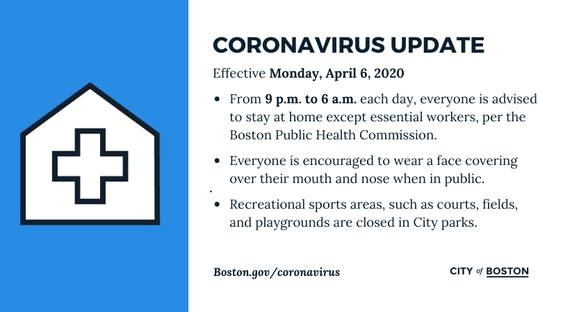 CityOfBoston's tweet photo. Today, Mayor @marty_walsh announced new #coronavirus #COVID19 measures, including encouraging residents to wear a face covering in public and a Public Health Advisory for everyone in Boston except essential workers to stay at home from 9 p.m. to 6 a.m.: https://t.co/OTkGov5FjQ https://t.co/sK8AgrpODN