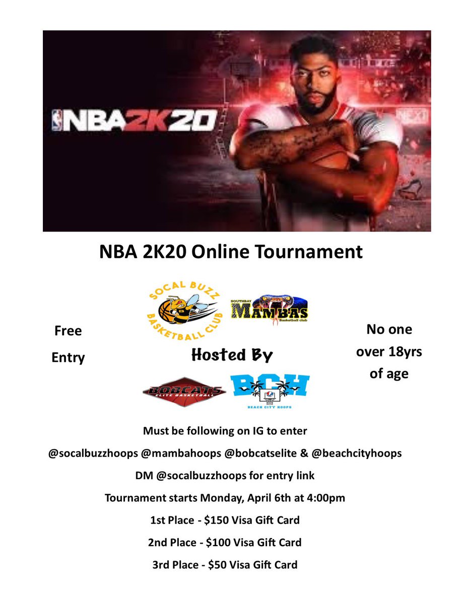 burrellee3's tweet photo. @SoCalBuzzHoops @mambahoops @bobcatselite @BeachCityHoops online NBA 2K20 tournament starting tomorrow. Taking signup now. All players my be under 18. Open to first 64 players on PS4 and first 64 on XBOX. Let’s goooo!!! https://t.co/uOhAGc8dP1