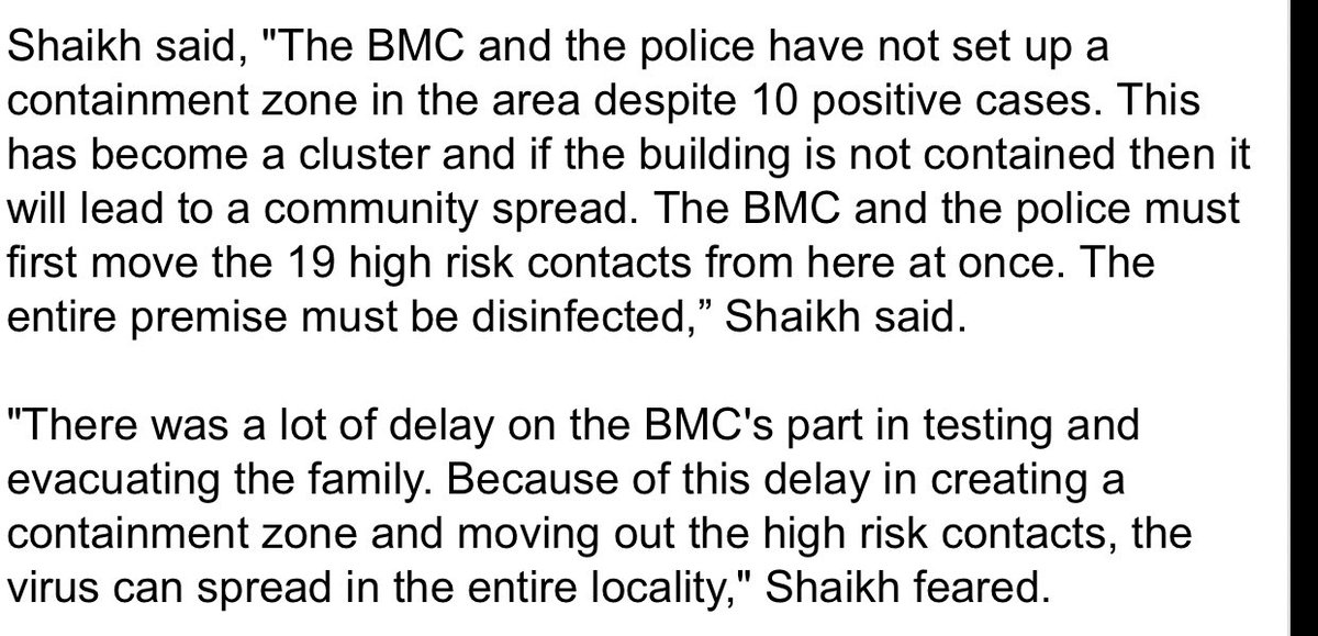 10 of one family declared  #Covid19 positive, still  @mybmc/ @MumbaiPolice have set up a containment zone in the area. Very high chance of it triggering community spread if not contained. @CMOMaharashtra  @OfficeofUT What's happening?SS via  @MumbaiMirror