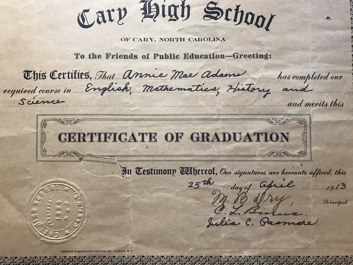 My grandmother graduated from Cary High 107 years ago. She was from Willow Spring and boarded at the school.