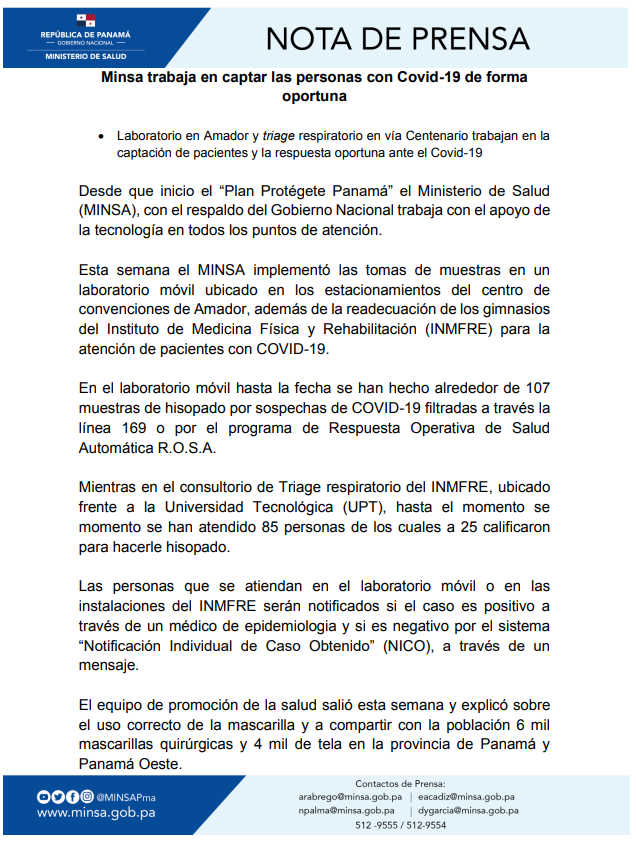 TReporta's tweet photo. Hasta la fecha el @MINSAPma ha realizado 107 toma de muestras de hisopado a personas que sospechan que tienen COVID-19, en el Centro de Convenciones en Amador. #TReporta https://t.co/dJWaCcd9bj