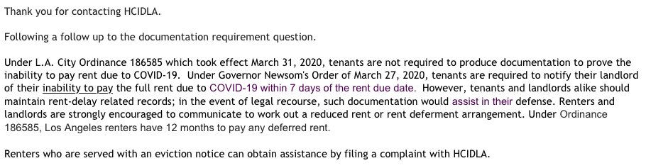 L.A.'s anti-eviction rules don't require tenants to give their landlords documentation of economic/health reasons for their inability to pay rent — just that tenants should have documents if they go to court. Here's the ordinance and confirmation from the housing dept. (1/2)