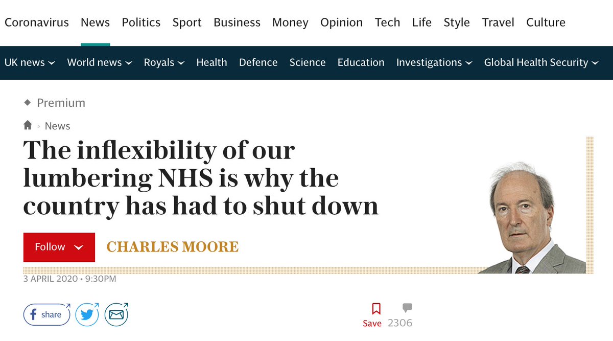 So  @Telegraph has really decided to ratchet up the blame game. Yep, it's the *NHS* who's to blame for the  #COVID19 lockdown. Oh - and US style healthcare would be better.NHS staff - who's with me in boycotting  @Telegraph advertisers? Because this kind of accusation stinks.