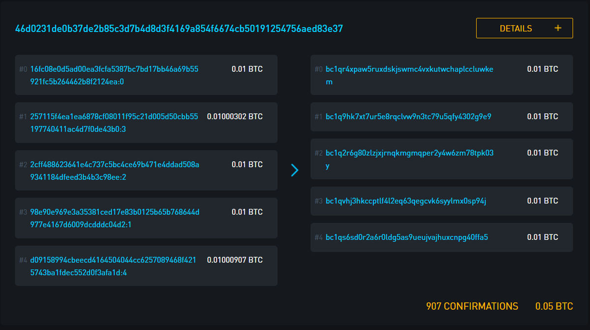 8/11 It's reasonable for our adversary to follow the highest outputs. i.e., the address ending with vrrx was in a tx with 5 inputs & 5 equal outputs. Some of those outputs were used as inputs to tx's with several 0.01 BTC inputs. In legal terms this is called reasonable doubt.