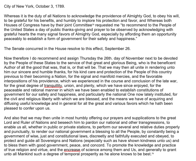 So, here’s George Washington’s Thanksgiving Proclamation of 1789.  https://www.loc.gov/resource/mgw8a.124/?q=1789+Thanksgiving&sp=132&st=text 4/21