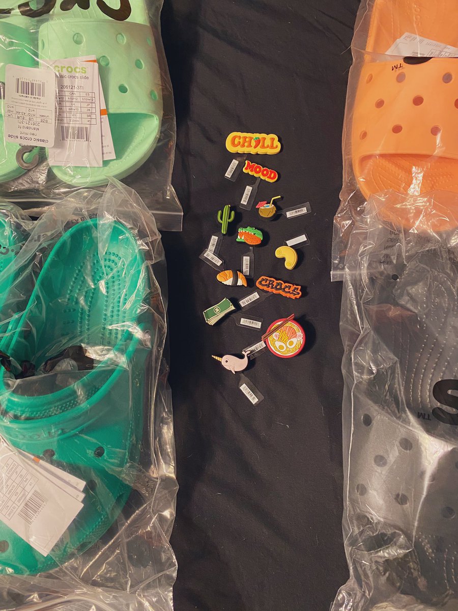 pissboymcgee's tweet photo. i made a tweet about crocs that went viral like three months ago and they asked if i wanted a free pair because of it. and now monthly they send me all their products that clearly don’t sell lmao. it’s called the dream and i’m living it https://t.co/8I2gjJGOpz