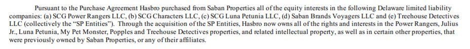SGC Power Rangers LLC and SGC Characters LLC were part of the sale and are recorded as Hasbro subsidiaries in financial docs. My impression is that everything related to Masked Rider and Mystic Knights of Tir Na Nog would also be part but their trademarks are dead.