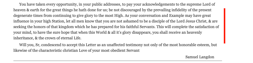 Then have students look at this letter from Samuel Langdon, paying attention to the end, where Langdon asks GW to put his Christian cards on the table. 15/21  https://founders.archives.gov/documents/Washington/05-03-02-0073#print_view