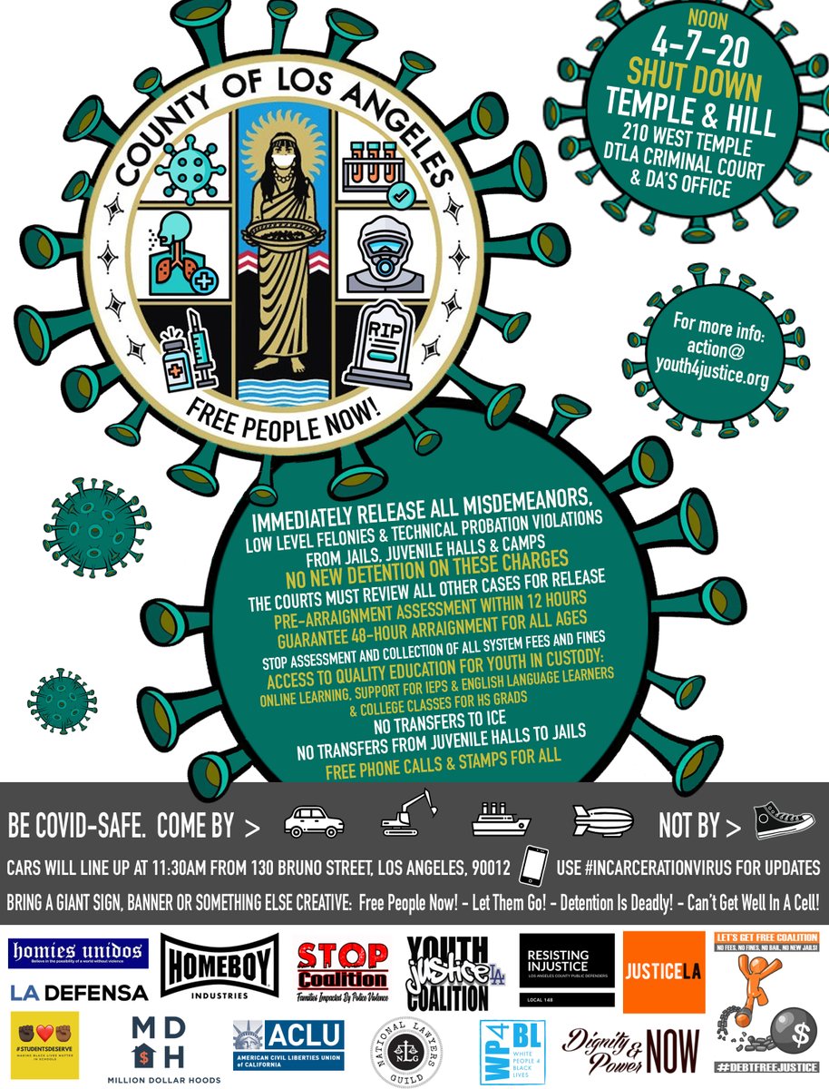 YouthJusticeLA's tweet photo. HUGE ACTION TUESDAY-RELEASE OUR PEOPLE FROM THE #IncarcerationVirus in L.A.! Drive your CAR Action Tuesday 11:30AM at @HomeboyInd AND/OR make Calls, Emails, Posts to Elected Officials!

Details &amp; Instructions: https://t.co/vVXFkDavJz
Event Page: https://t.co/LqM9SsPw4M
#FREELA 🚙 https://t.co/IX31pYsUz0