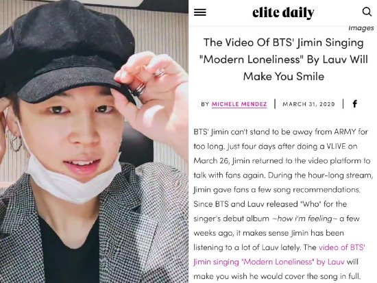  #JIMIN ARTICLE [060420] - 2Naver  + Non NaverJimin's ASMR in Run BTS5  http://www.polinews.co.kr/mobile/article.html?no=458724Jimin x Filter & Friends x Ateez Wooyoung x Filter's record6  http://m.kihoilbo.co.kr/news/articleView.html?idxno=860413Jimin x Lauv's Modern Loneliness x Elite Daily7  http://www.polinews.co.kr/mobile/article.html?no=458727