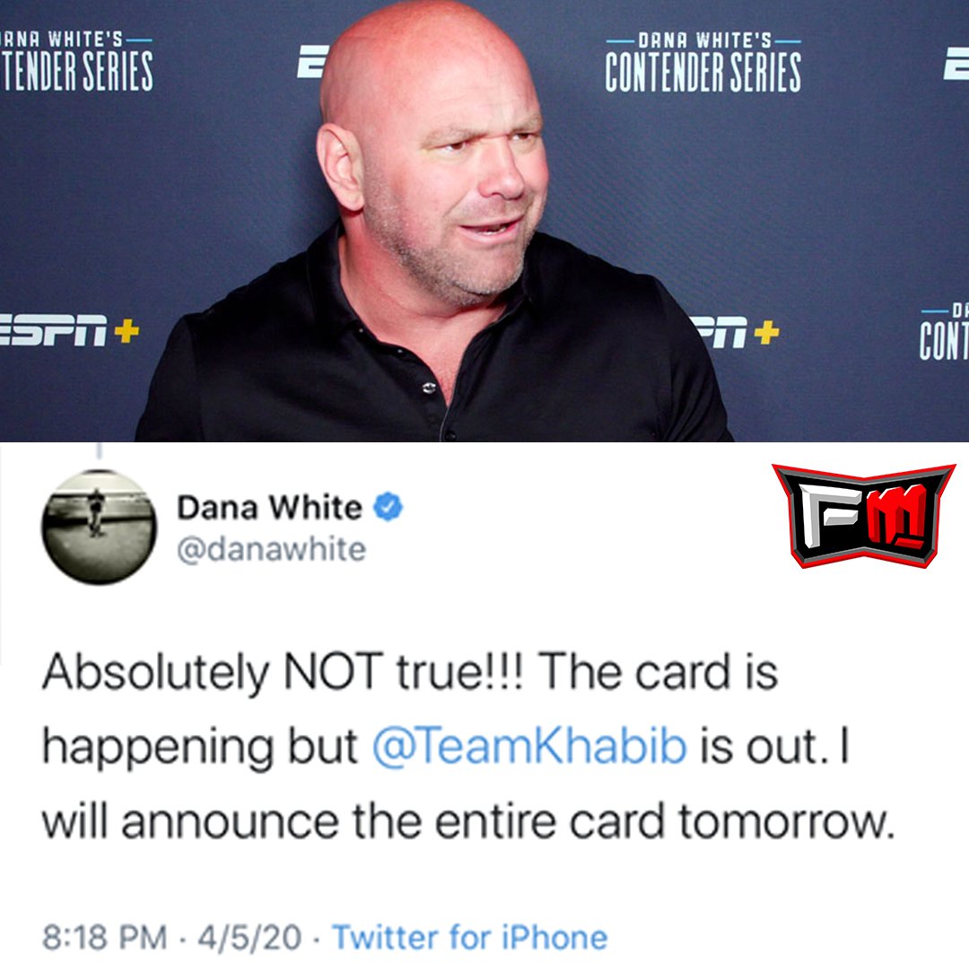 MMAFullMount's tweet image. Dana White (@danawhite) confirms Khabib (@TeamKhabib)  is out of #UFC249, but says the card is still on! Who will be the main event? 🤔👇