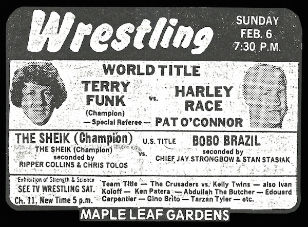 Here's an ad for that card. Funk vs Race in the main even. The Sheik vs Bobo Brazil in the semi main.