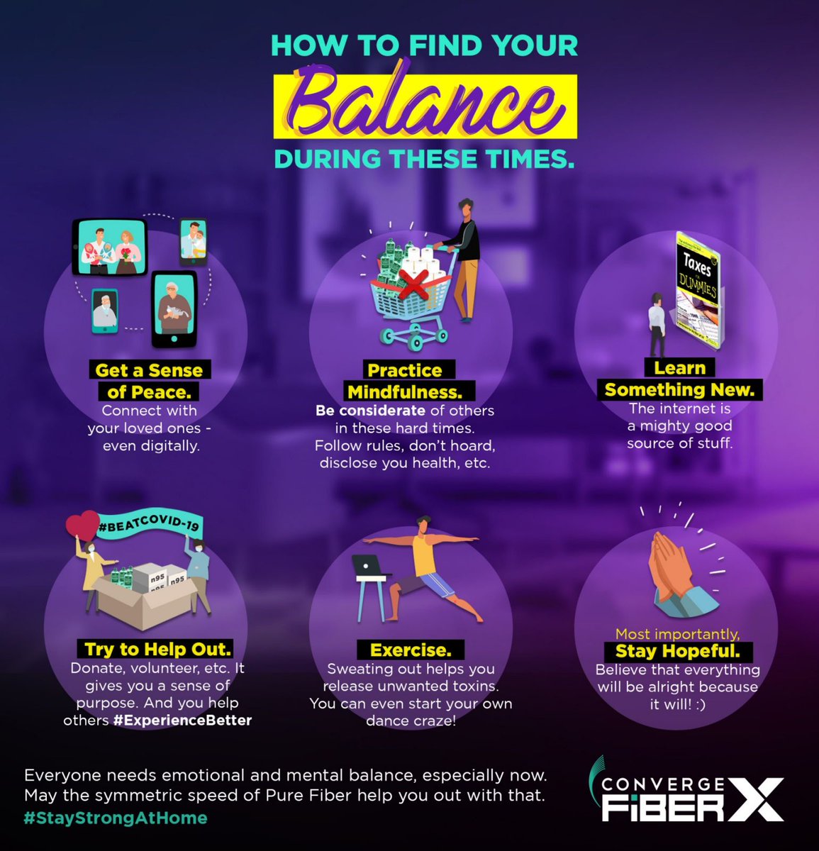 ConvergeSupport's tweet photo. Finding your balance is easier said than done, especially in complex times like these. But to cope with everything better, we need to keep ourselves in check. Here are a few tips to help us #StayStrongAtHome https://t.co/lwQ8SBrn3q