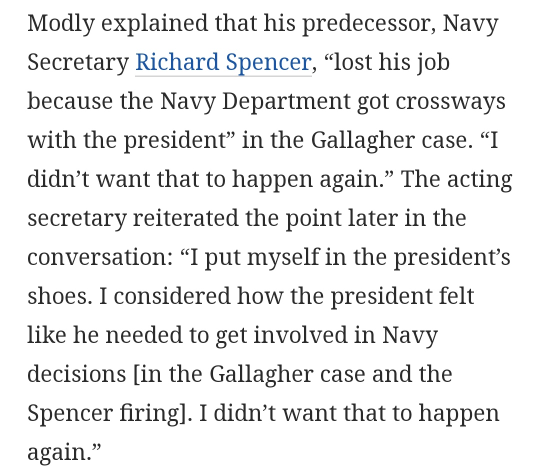 Trump has made his corrupt and authoritarian impulses so well known that he often no longer has to give the corrupt and authoritarian orders himself. Military leaders and other officials can predict what he'll demand and see that it happens, unasked.  https://www.washingtonpost.com/opinions/2020/04/05/acting-navy-chief-fired-crozier-panicking-before-trump-might-intervene/#click=https://t.co/FGNT3UrK1I