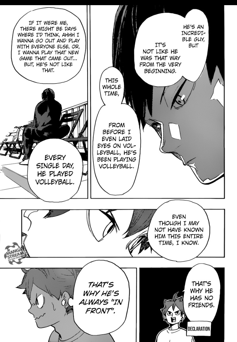 In the Nationals arc, the story has goes out of the way to make the opposite point. We see Kageyama writing in his journal, daily, out of self discipline. It's clear to Hinata that Kageyama didn't start out being incredible. He has worked at it, every day.