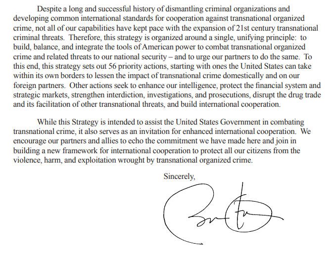 31/July 19, 2011 - President Obama signs the introduction letter for the National Security Council's Strategy to Combat Transnational Organized Crime. A public release and press conference is planned for the following week to announce this critical initiative.