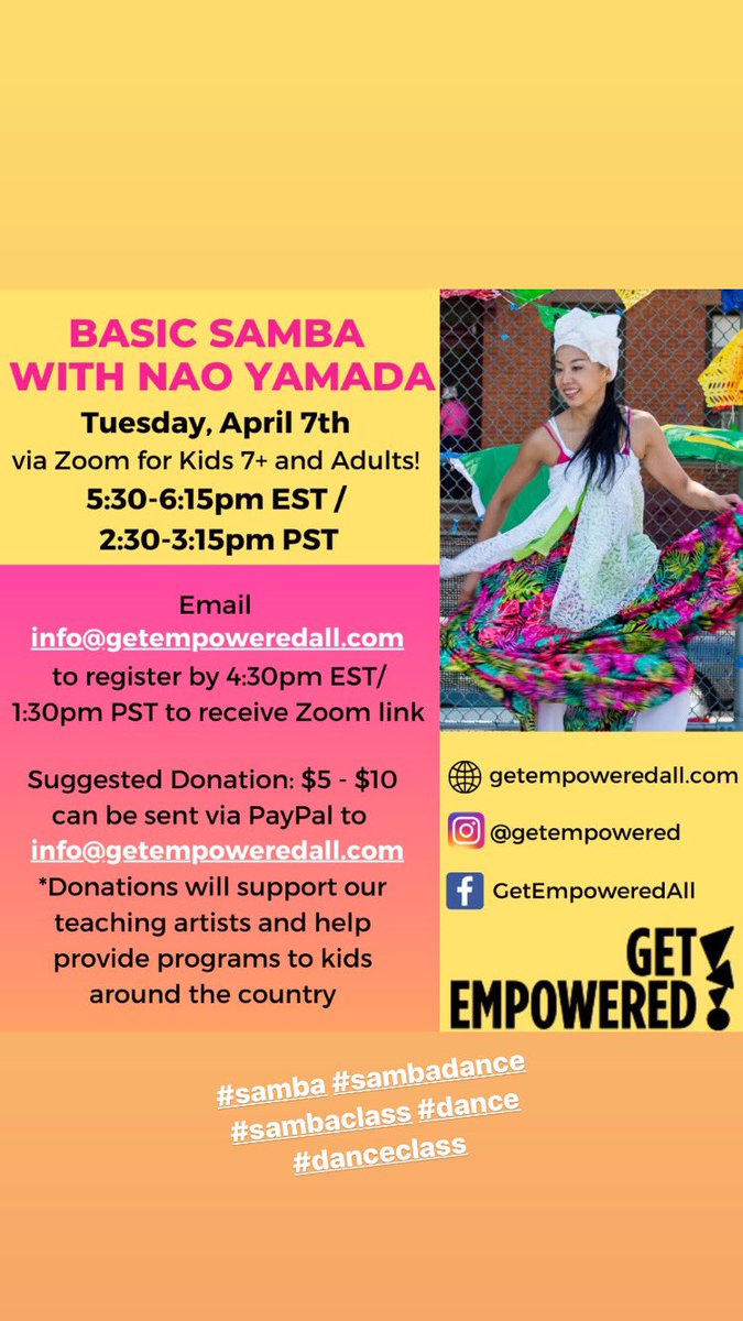 GetEmpoweredAll's tweet photo. Online Classes are On‼️
Check out this week’s schedule
SIGN UP info@getempoweredall.com
Mon #balletbarreworkout
Tues #SambaDance
Wed #Storytelling & #Music
#zoomclasses #artsed #thingstodo #AtHomeWorkouts #dance #fun #kids #familytime #allages #artsclasses #empowerment https://t.co/1YuragB2Zx