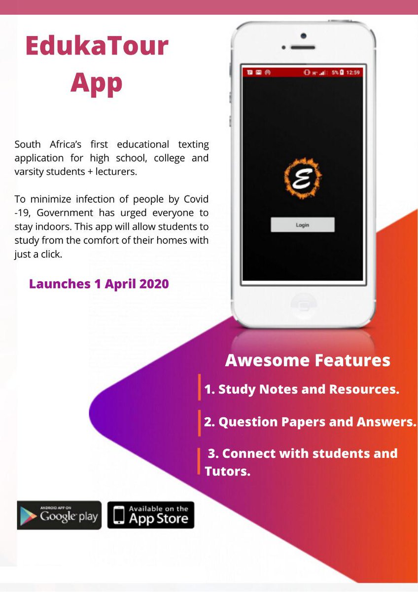BrizzyTheplug's tweet photo. @MlindoRSA #Retweet South Africa’s first educational texting application launches on the 1st of April 2020 on Play Store And App Store! Helping to minimize Covid 19. 
#EdukaTourApp
@TourEduka
@AngieMotshekga
@BladeNzimande
@DBE_SA 
@PreciousMotsepe 
@DrZweliMkhize https://t.co/PQy0FWz7gj