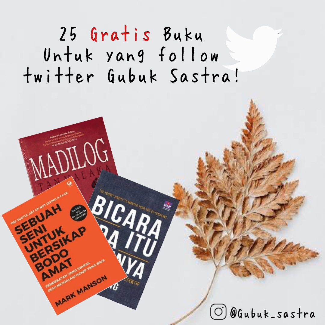 mistersastra's tweet photo. GIVE AWAY! GIVE AWAY! Ada 25 buku gratis hadiah kedatangan kami di twitter. Hadiah untuk 25 orang pemenang! Caranya gampang cukup follow akun kami dan retweet tweet ini! Pemenang akan dipilih dari follower kami!

Pengumuman tgl 25 bulan ini. https://t.co/uK5M16lYkH