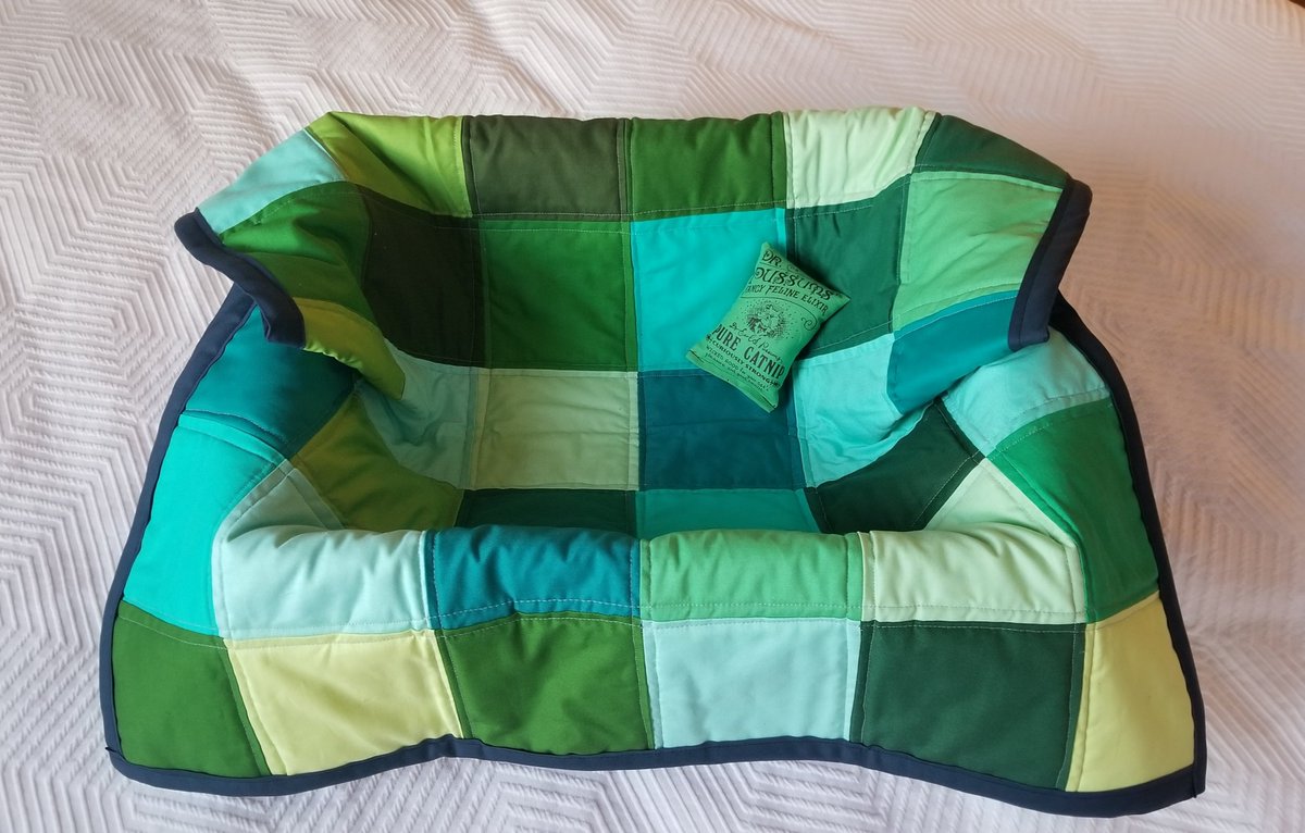 Ok! I made a temporary bed out of a cardboard box and this quilt that I recently made (it was a first-time practice quilt and I had no use for it until now!) and some matching catnip, which, I'm not sure if that's supposed to go in a bed but we'll see