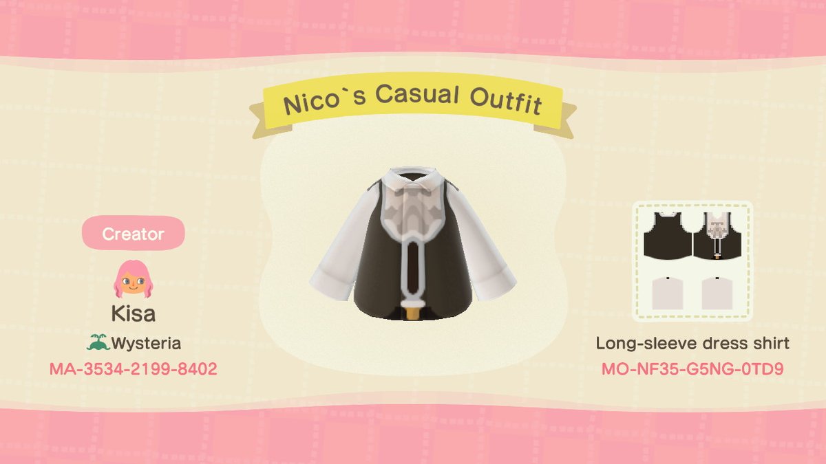 PranksterKisa's tweet photo. Here is Nico's casual outfit and the matching dress. I tried my best with the shirt but couldn't quite get the bow... #AnimalCrossing #ACNH https://t.co/hXVAaoHEU9