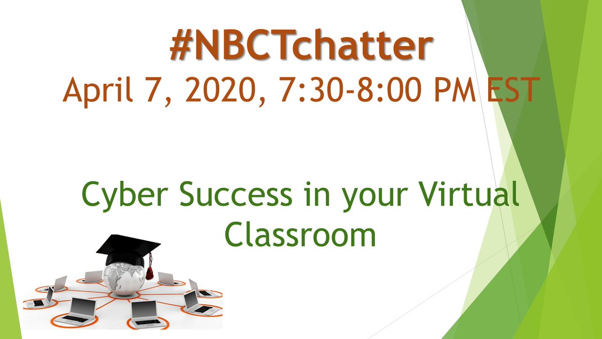 Join us for "Cyber Success in Your Virtual Classroom" with guest moderator <a href="/jayme_stofko/">Jayme Stofko</a> ... #NBCTchatter April 7 - 7:30 PM EST
Come and invite a friend! 
<a href="/AngelDanger10/">C. Angel Danger NBCT  M. Ed.</a> <a href="/BarbaraKnox20/">Barbara Knox, NBCT</a> <a href="/AimeeBallans/">Aimee Ballans, NBCT</a> <a href="/Pbrookins44/">Peggy Brookins, NBCT</a> <a href="/JulieHiltz/">Julie Hiltz</a> @DrLaTonyaBarnes <a href="/GuyCivics/">Josh Arnold</a> <a href="/riverlibrarian/">RiverLibrarian</a> <a href="/T_MadTeach/">T_MadTeach,Ed.D,NBCT</a>