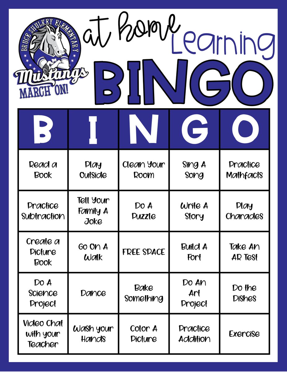 ShulkeyFWISD's tweet photo. Ok here’s this weeks fun activity.
Fill as many squares this week as you can and see how many bingos you can get.
Post your bingos and pics of you doing things to fill your bingos.
Remember to tag all posts with #mustangsmarchon https://t.co/jMMUU5WeYZ