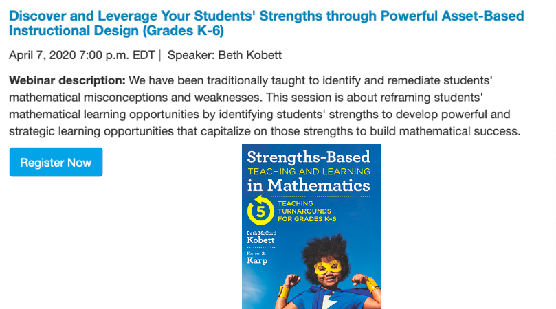 bkobett's tweet photo. In a time when life is uncertain and scary, I am humbled and honored to share #strengthsbasedmath. If you are looking for an opportunity to explore students' brilliance, I hope you join me Tuesday for @NCTM 100 days of Professional Learning. https://t.co/uxcqd2qKwM @ksquaredmath1 https://t.co/VO6VcwhoAR
