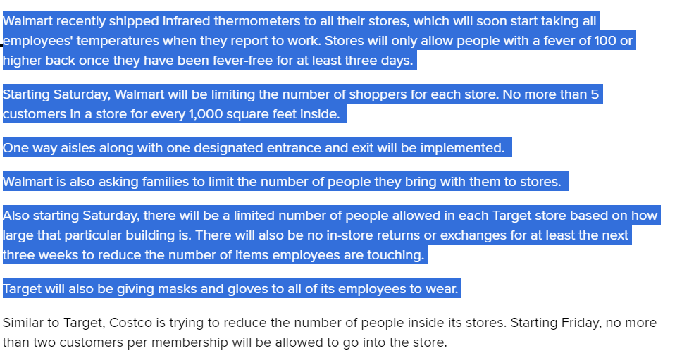 if WALMART can make REAL changes for safety,  @Albertsons, you NEED to adopt customer limits, you NEED to bar groups, you need to realize you owe us more than $2 an hour. I've gotten SCORN from mgmt for offering to MAKE masks for coworkers -- you should provide!! Help us survive.  https://twitter.com/wfaa/status/1246538028732108802