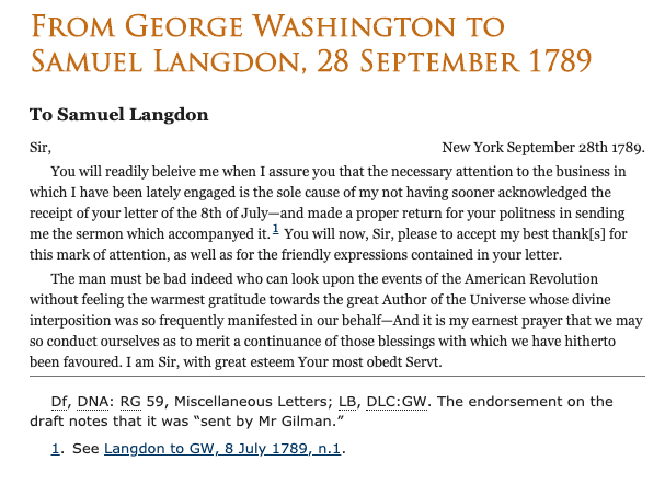 oops, realized I didn't provide link to GW's response to Langdon (at 6/21). Sorry about that.  https://founders.archives.gov/documents/Washington/05-04-02-0070