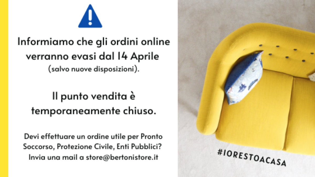 BertoniStore's tweet photo. #ioRestoaCasa

Gli ordini online verranno evasi dal 13/4 (salvo nuove disposizioni)
NEL FRATTEMPO DA CASA SCONTO 5%
codice SPRING5 SU TUTTO IL CATALOGO
Devi effettuare un ordine utile per #ProntoSoccorso, #ProtezioneCivile, #Entipubblici ?
Invia una mail a store@bertonistore.it https://t.co/bkC2Cgv3k7