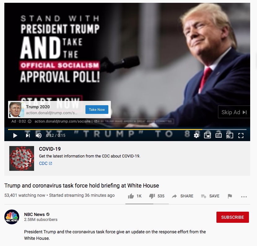 If you tune into  @NBCNews on  @YouTube you get campaign messaging from  #MadKing Trump's regime. America has never been more  #socialist, so this must be a great pole poll for poling proletariat patsies. "Official  #socialism approval poll." I approve. What do I win?