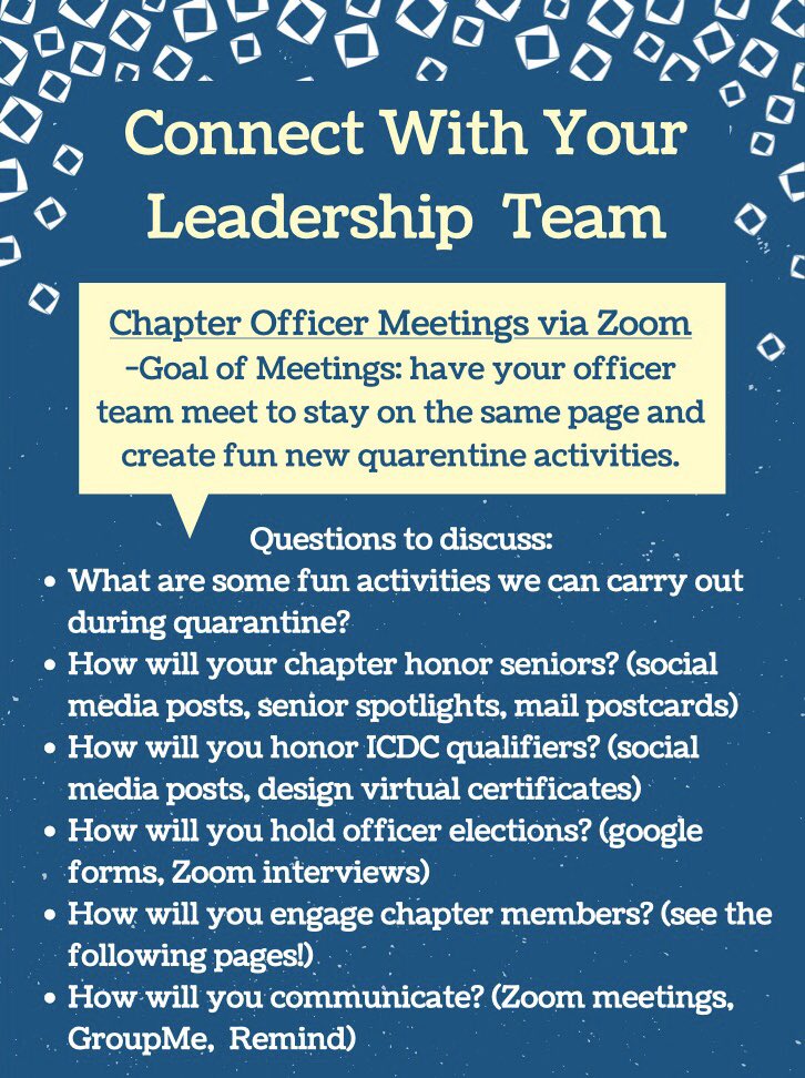 VirginiaDECA's tweet photo. We’re excited to officially release our Virginia DECA Guide to the Quarantine! We know this is a difficult time and want to support you as best we can. Check out the graphics to see how you can stay connected with your leadership team, chapter, and competition!#VADECAvision https://t.co/VvnVkMyPRE