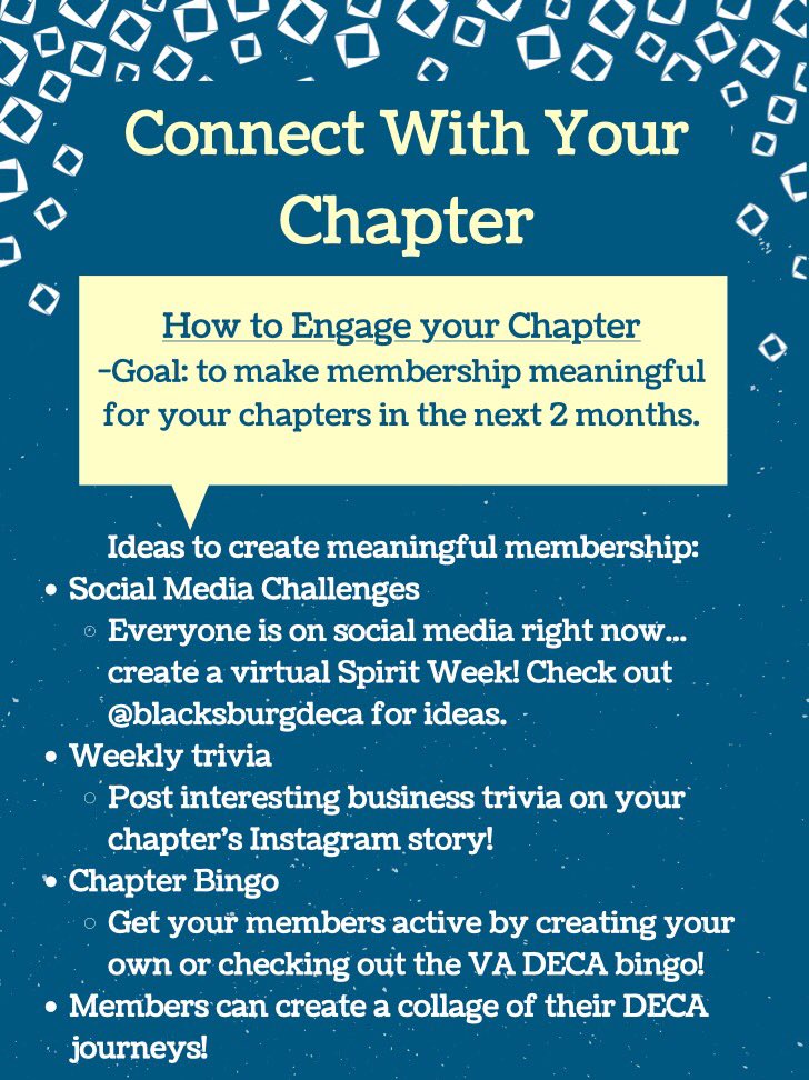 VirginiaDECA's tweet photo. We’re excited to officially release our Virginia DECA Guide to the Quarantine! We know this is a difficult time and want to support you as best we can. Check out the graphics to see how you can stay connected with your leadership team, chapter, and competition!#VADECAvision https://t.co/VvnVkMyPRE