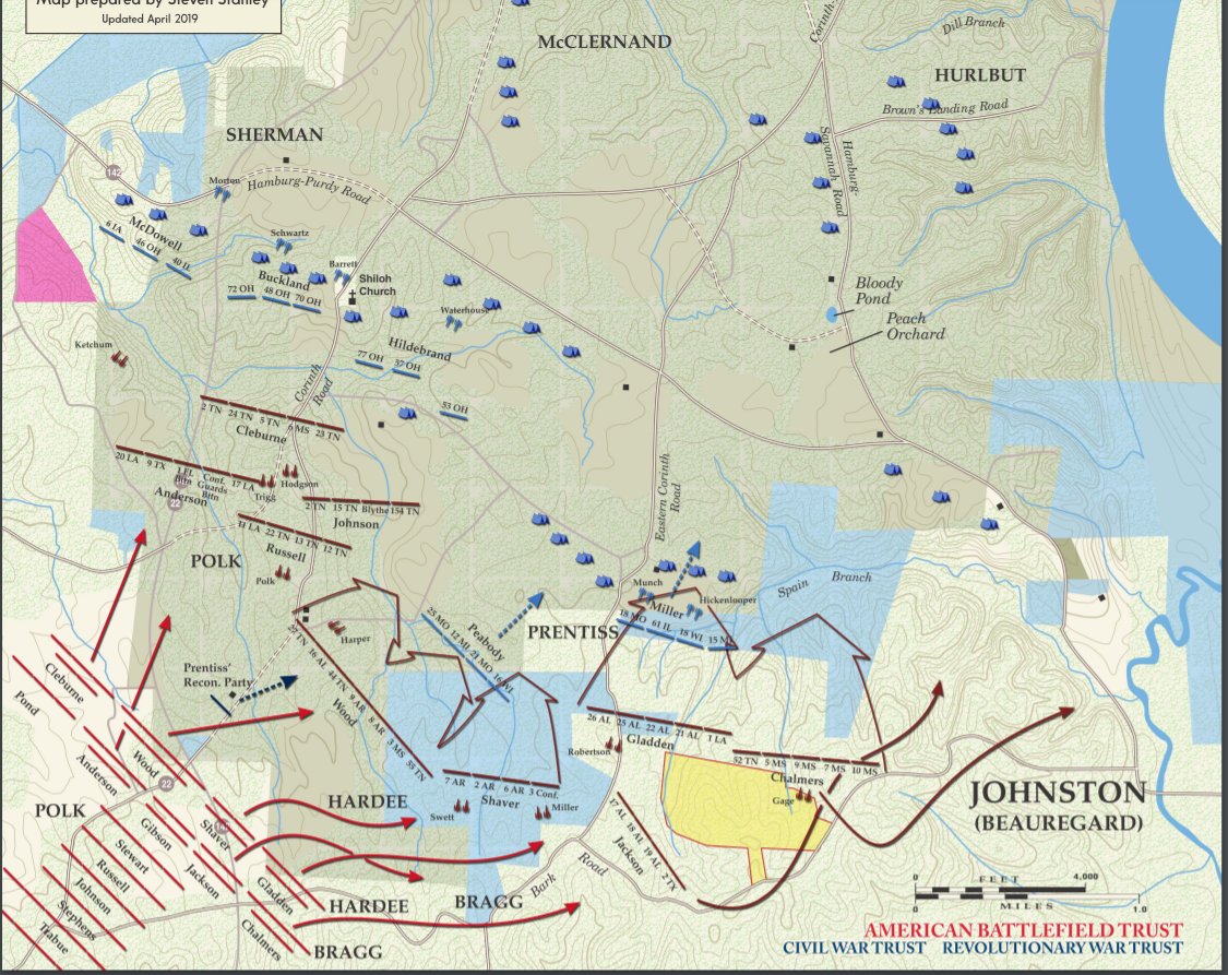 But that's not what happened. Take a look at this map from the American Battlefield Trust. In the lower-left you can see the Confederate attack formation prior to the battle as it looked when the battle actually began. Compare it to the formation that Johnston outlined. 5/11